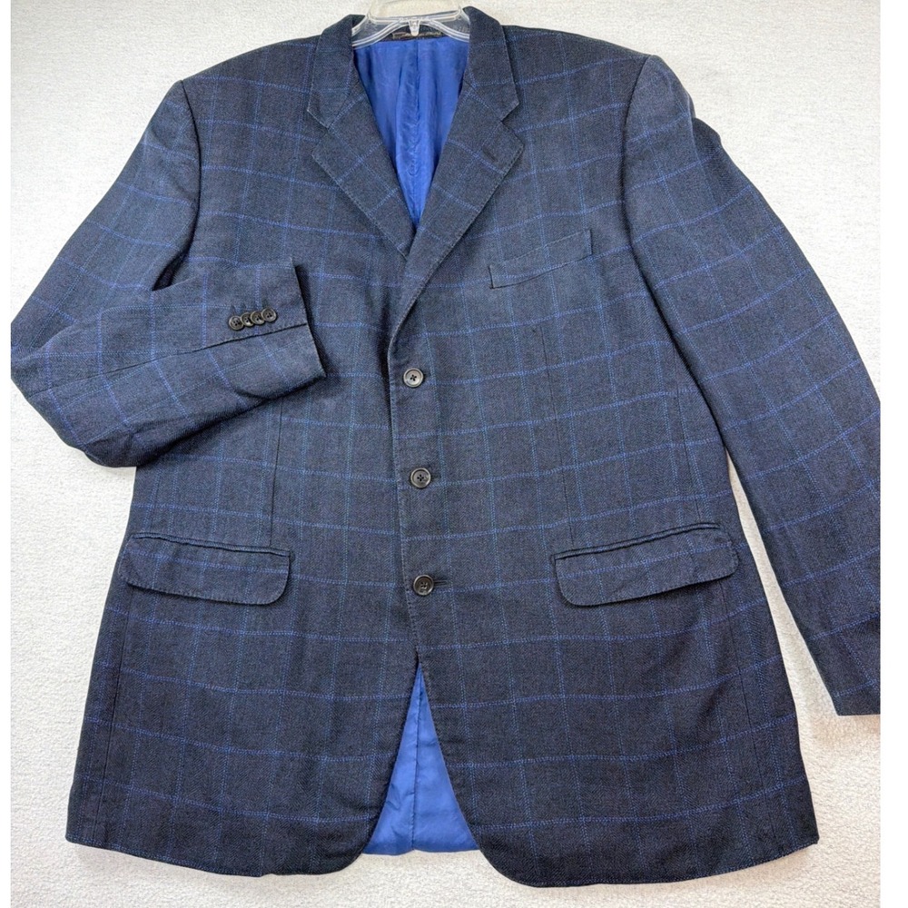 Corneliani Italy 100% Silk Sport Coat Blazer Navy Blue Windowpane 58L 48L US